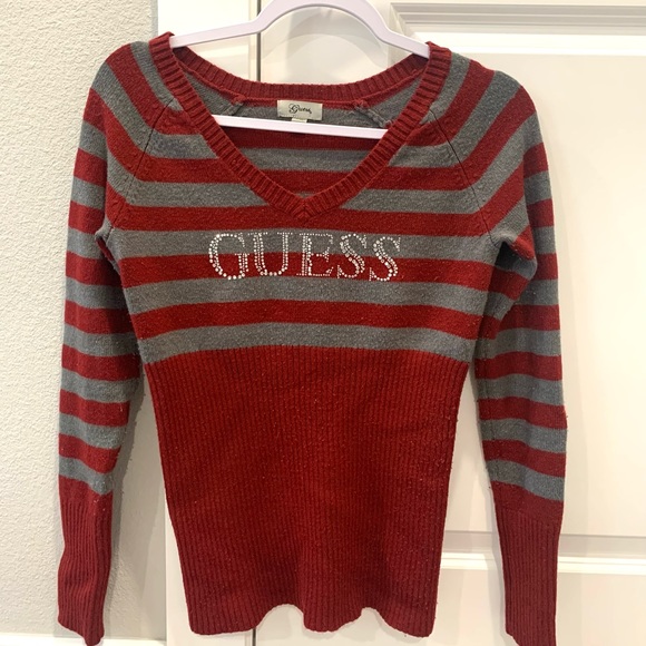 Size Large Red And Gray Striped Guess Sweater - Picture 2 of 4